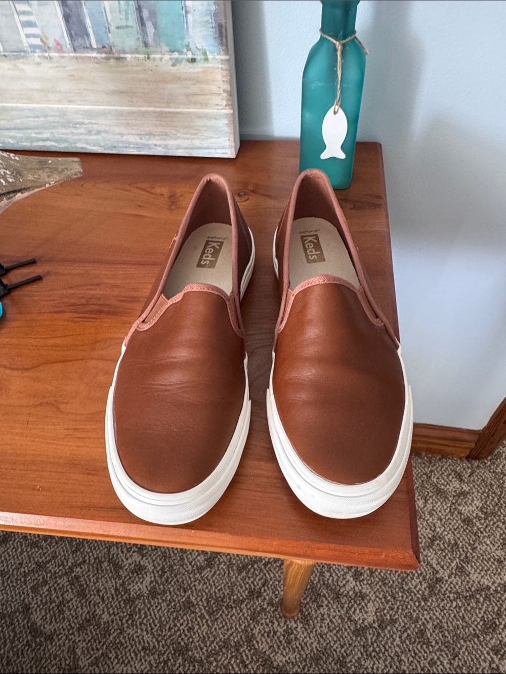 Keds Brown Leather Slip-On Sneakers with White Sole